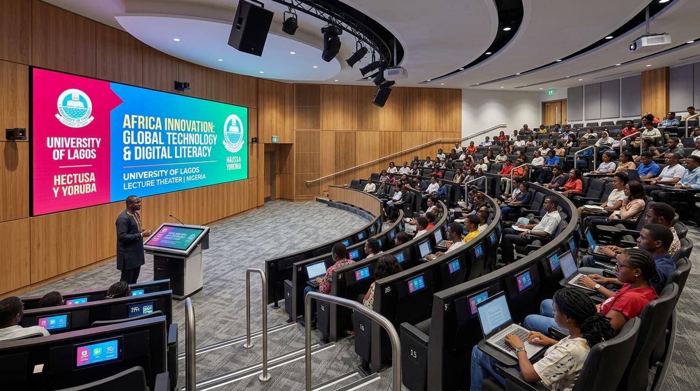 Modern university lecture hall with large digital display wall and audience seating