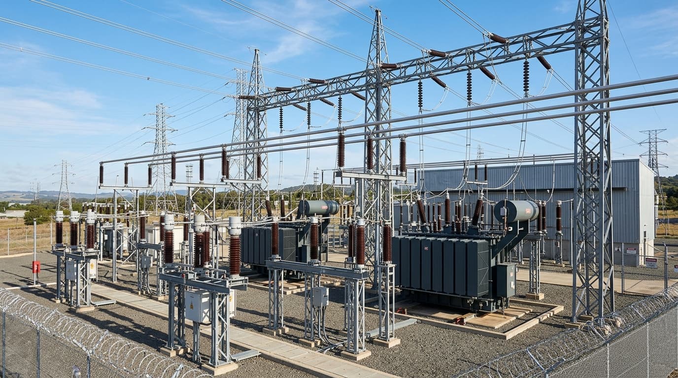 High-voltage electrical power substation with transformers and busbars