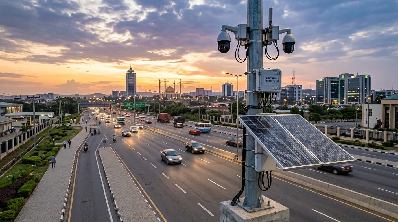 Smart city traffic and surveillance mast overlooking an Abuja highway at sunset