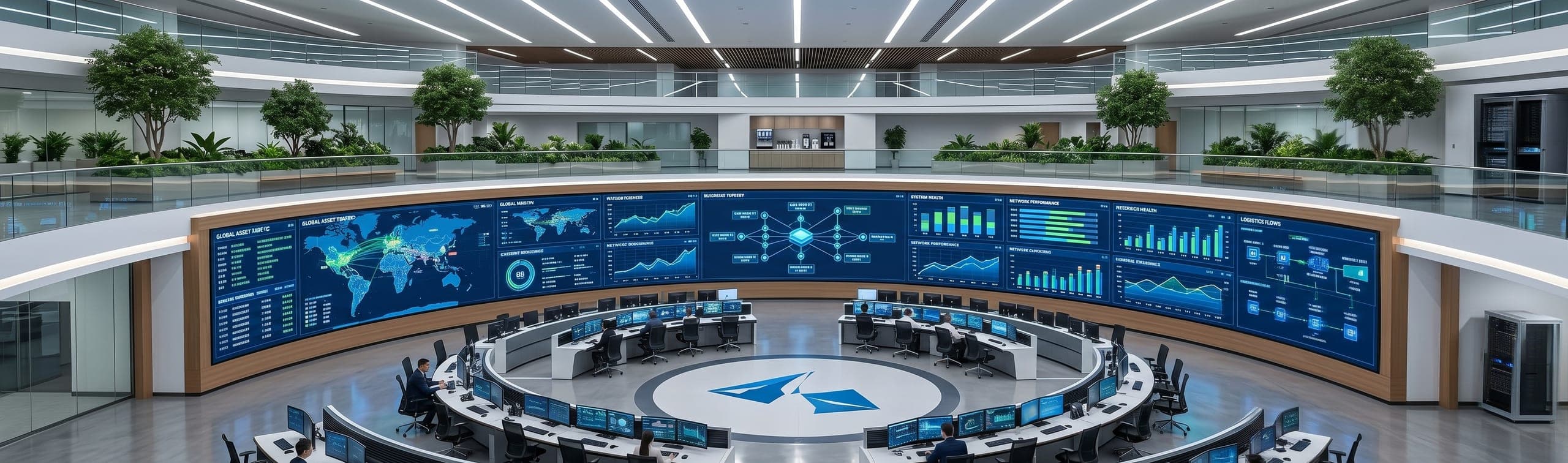 Operations control room with multi-screen monitoring video wall and operator workstations