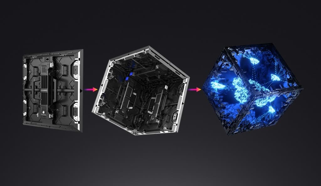 Three-stage modular 3D LED cube engineering system showing individual panel, structural chassis assembly, and active volumetric holographic display